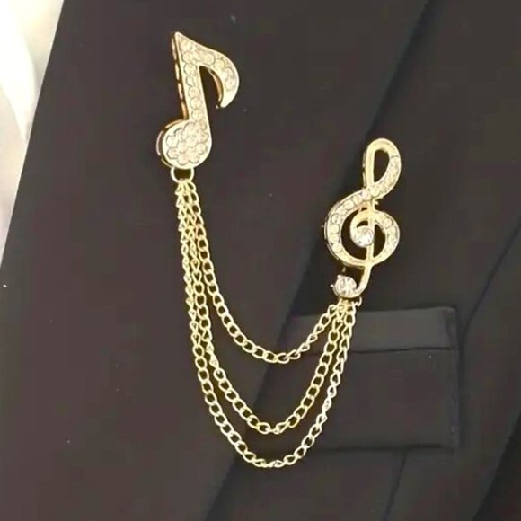 MusicNote Brooch Jewelry - Brooch Music Note Chain Rhinestone Pin Sparkle Band Instrument Musical Glam NEW